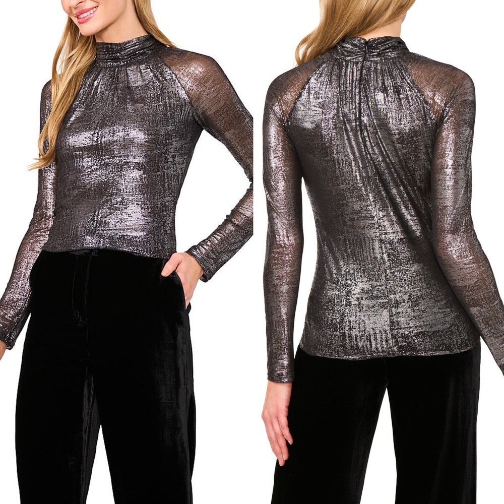 NWT Ted Baker Sofina Lightweight Top Womens S Silver Metallic Ruched Chic Glam